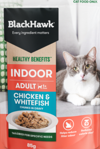 BLACK HAWK HEALTHY BENEFITS CAT INDOOR CHICKEN/FISH/GRAVY 85G