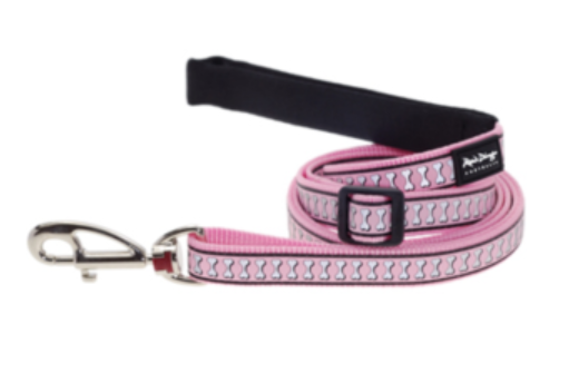 Red Dingo Dog Lead Reflective Bones Pink Small 12mm x 1.2m